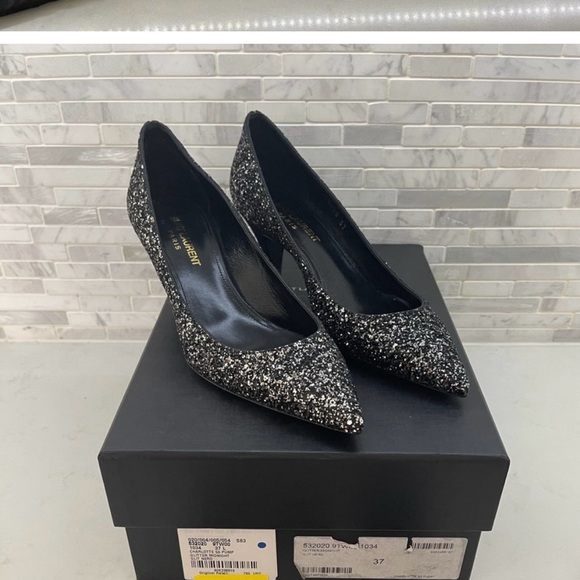 Saint Laurent Glitter Black Charlotte 55 Glitter Pumps 37 - Picture 1 of 6